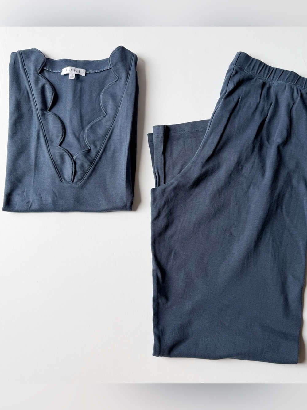 LAKE Pima Scalloped V-Neck Tank Lounge Set Pajama Pants Navy Blue Small
